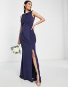 Little Mistress Bridesmaid Satin Maxi Dress With Open Back In Navy
