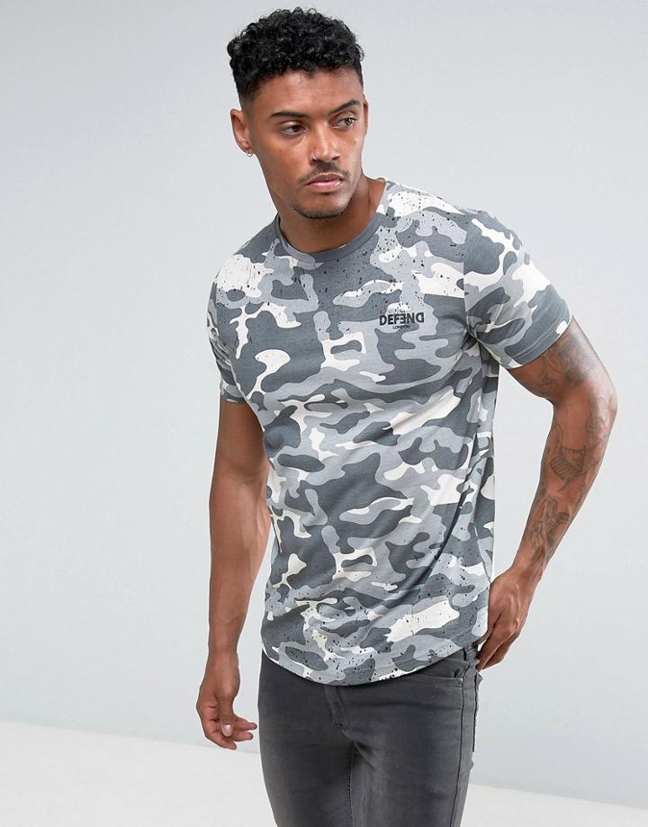Defend London Camo T-shirt With Paint Splatter - Gray