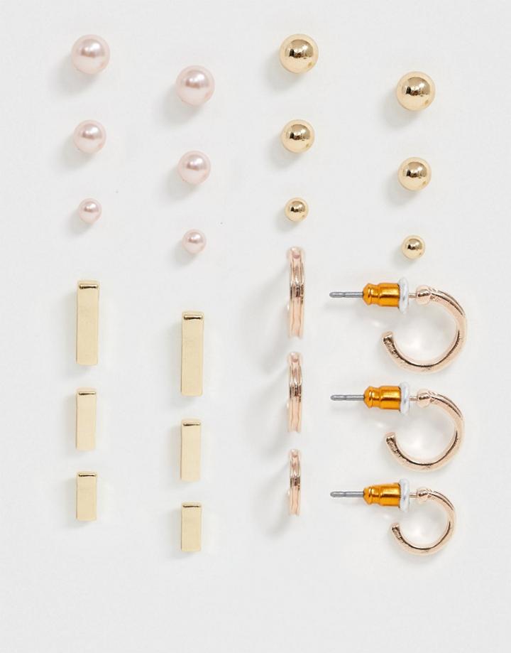 Asos Design Pack Of 12 Earrings With Ball And Pearl Studs And Hoops In Gold Tone
