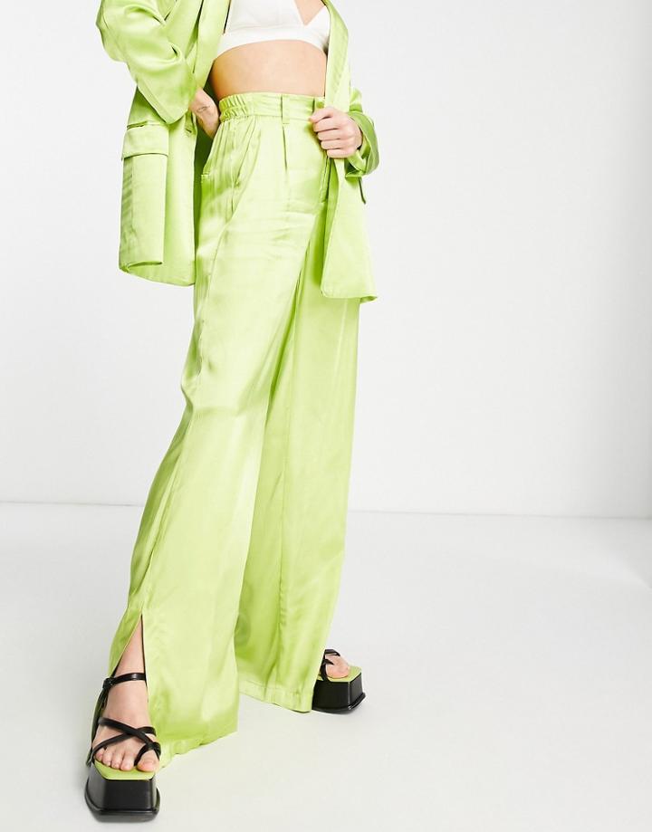 Bershka Satin Wide Leg Pants In Lime - Part Of A Set-green