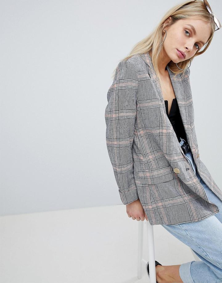 Bershka Check Linen Blazer - Multi