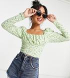 Asos Design Petite Square Neck Ruched Bust Long Sleeve Top In Flirty Floral-multi