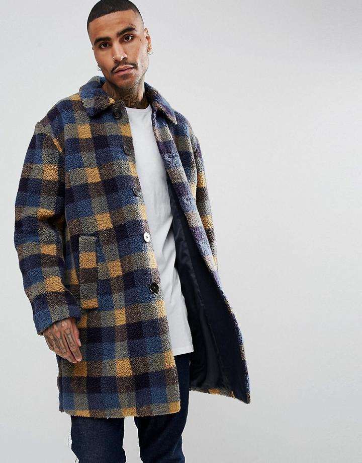 Asos Borg Overcoat In Blue Check - Blue