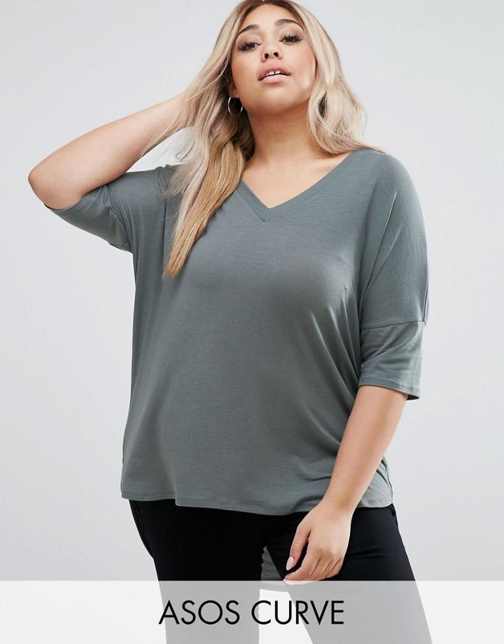 Asos Curve Oversized T-shirt In Rib With Dip Back - Green