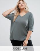 Asos Curve Oversized T-shirt In Rib With Dip Back - Green