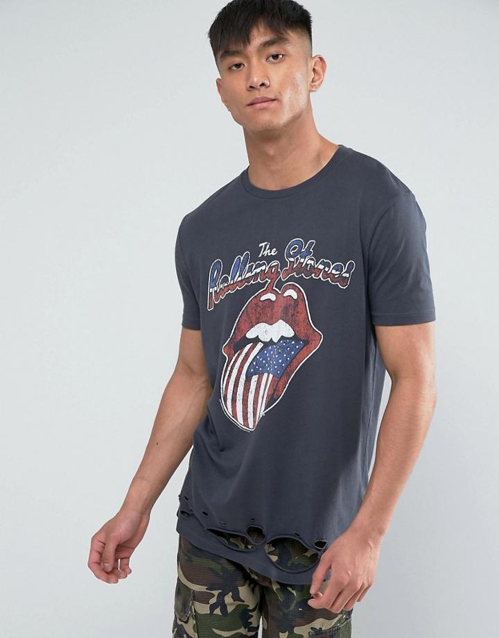 Asos Rolling Stones Band T-shirt With Extreme Distress And Heavy Wash - Gray