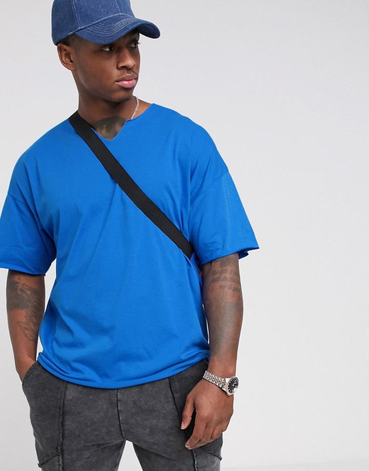 Asos Design Oversized T-shirt With Raw Notch Neck In Blue