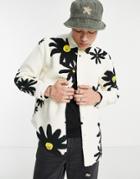 Asos Design 90s Oversized Shirt In Teddy Fleece With Floral Print-white