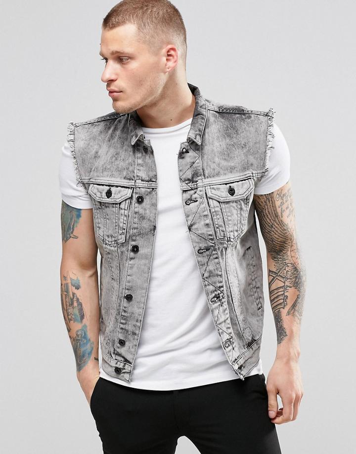 Religion Denim Sleeveless Jacket - Gray