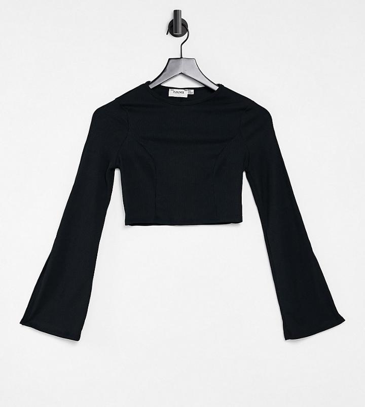 Flounce Petite Coordinating Slit Sleeve Ribbed Crop Top In Black