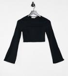 Flounce Petite Coordinating Slit Sleeve Ribbed Crop Top In Black