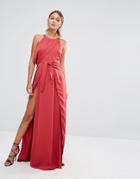 Stylestalker Tie Front Maxi Dress With Thigh Split - Red