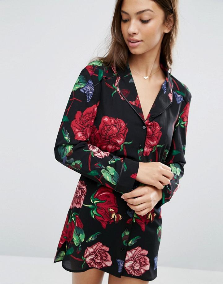 Asos Graffiti Floral Crepe Night Shirt - Multi