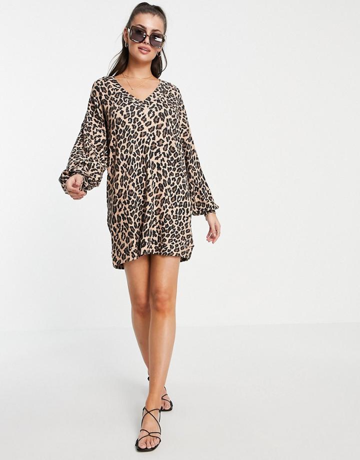 Asos Design Oversized V Neck Long Sleeve Dress In Leopard Print-brown