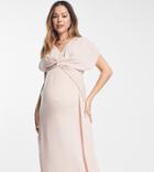 Asos Design Maternity Twist And Drape Front Midi Dress In Soft Pink
