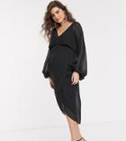 Asos Design Maternity Plunge Front Blouson Sleeve Midi Dress-black