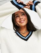 Weekday North Recycled V-neck Sweater With Tipping Detail In Off White
