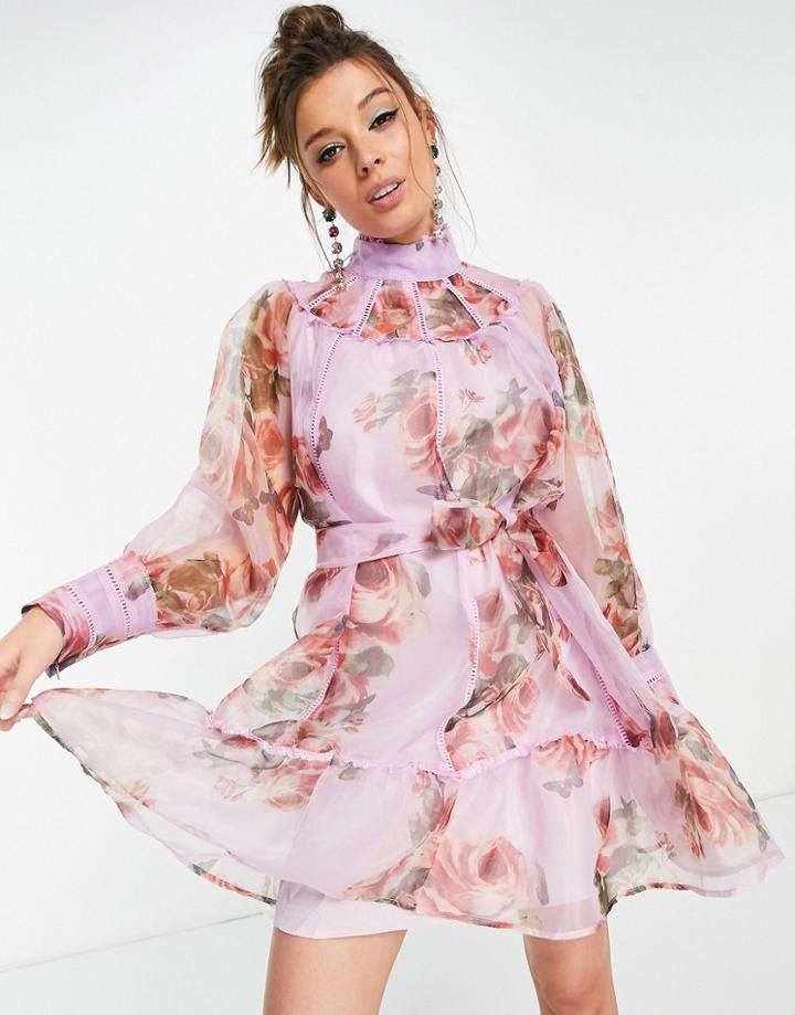 Forever U Floral High Neck Mini Dress In Lilac-purple
