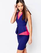 Vesper Elen Pencil Dress With Peplum And Contrast V Neck - Blue