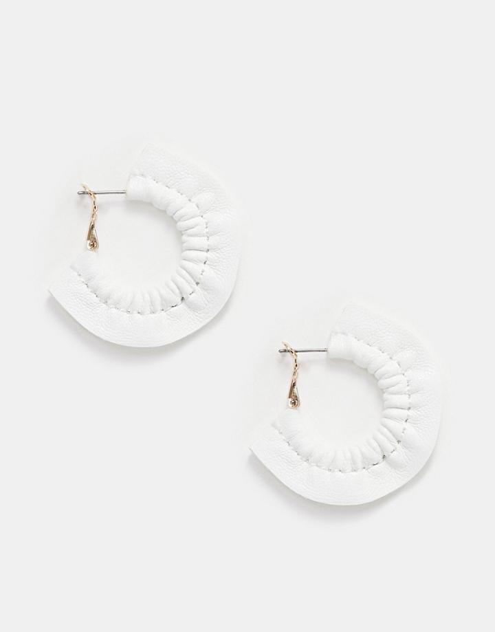 Asos Design Hoop Earrings With White Ruched Faux Leather Detail In Gold Tone - Gold