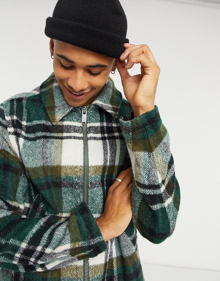 Asos Design Wool Blend Harrington Jacket In Green And Ecru Plaid