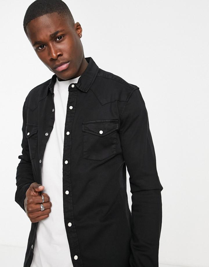 Asos Design Skinny Western Denim Shirt In Black