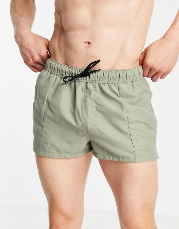 Asos Design Swim Shorts In Light Khaki Super Short Length With Pin Tucks-green