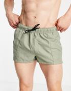 Asos Design Swim Shorts In Light Khaki Super Short Length With Pin Tucks-green