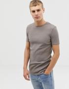 Asos Design Muscle Fit T-shirt With Crew Neck In Rib In Beige - Beige