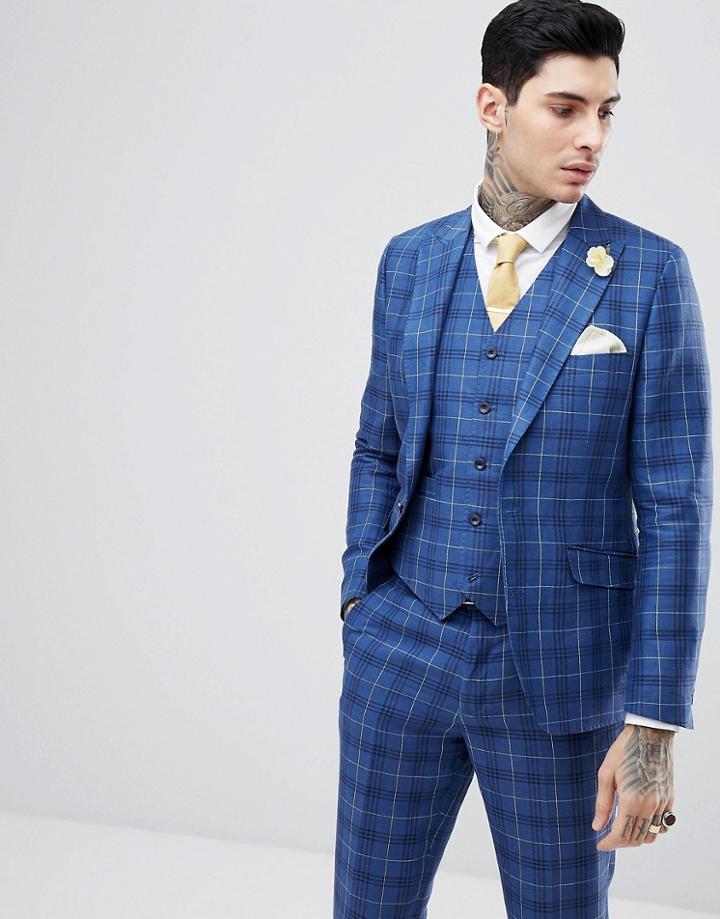Gianni Feraud Slim Fit Wedding Check Suit Jacket - Navy