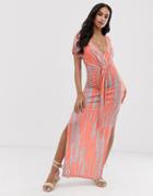 Asos Design Jersey Beach Maxi Dress In Washed Neon Tie Dye With Twist Front Detail - Multi