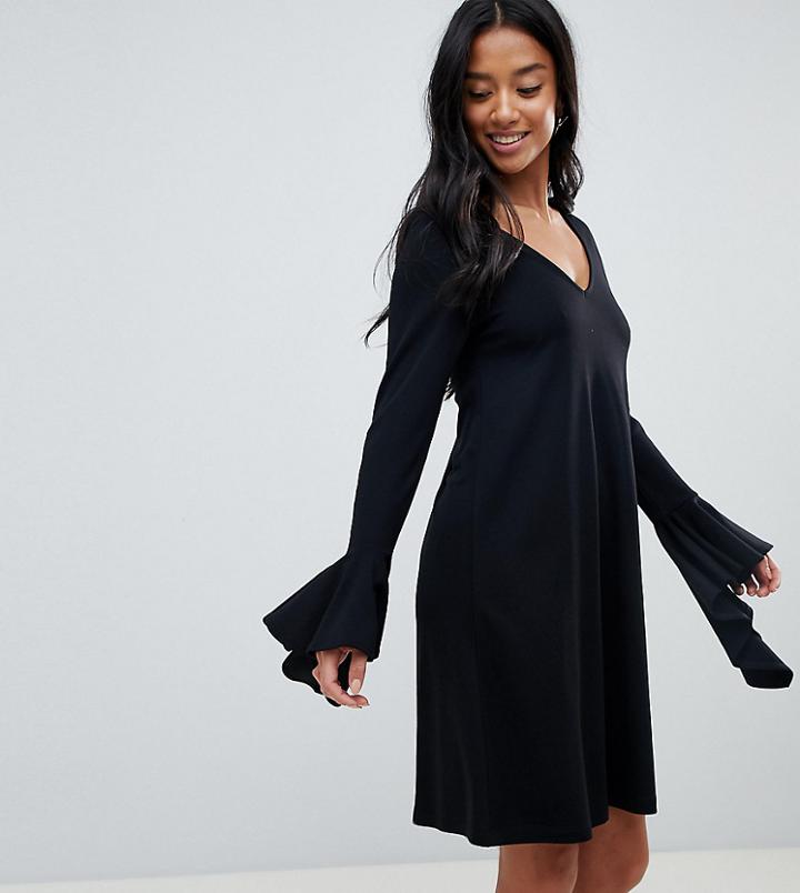 Asos Petite Frill Cuff Mini Shift Dress In Ponte-black
