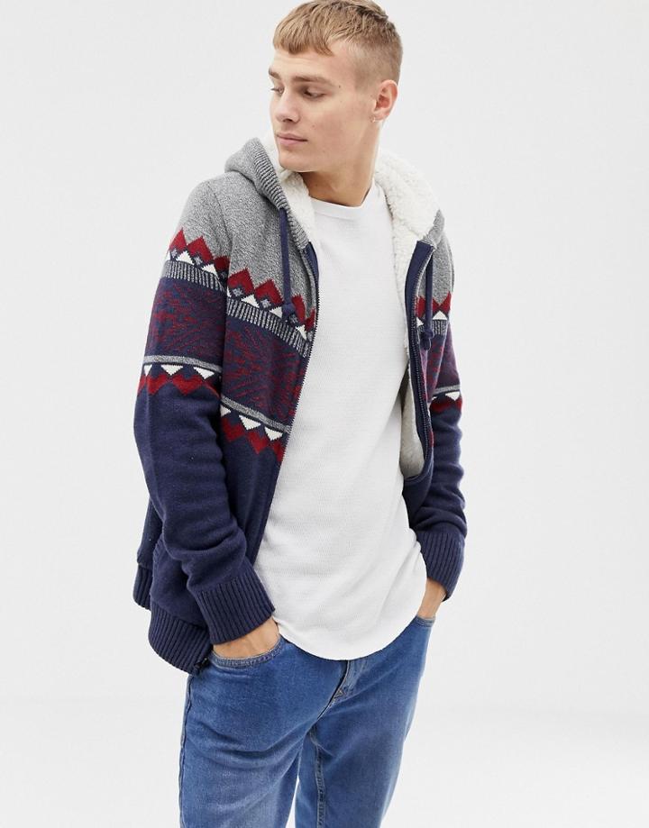 Hollister Fairisle Chest Stripe Hooded Cardigan Fleece Lined In Navy - Gray