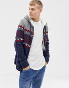 Hollister Fairisle Chest Stripe Hooded Cardigan Fleece Lined In Navy - Gray