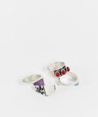 Asos Design 4-pack Mixed Vintage Ring Set With Jewels And Colored Enamel-silver