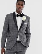 Selected Homme Slim Suit Jacket With Satin Roll Lapel In Gray Grid Check - Gray