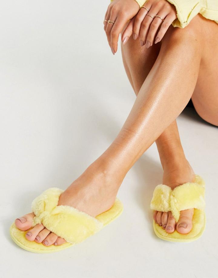 Truffle Collection Faux Fur Flip Flop Slippers In Lemon Yellow