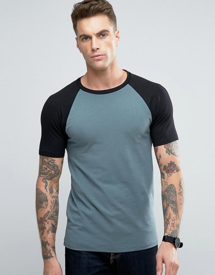 Asos Muscle Contrast Raglan T-shirt In Green And Black - Multi