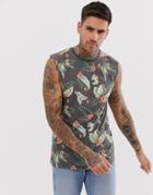 Asos Design Tank Tank With All Over Floral In Slub Fabric - Black