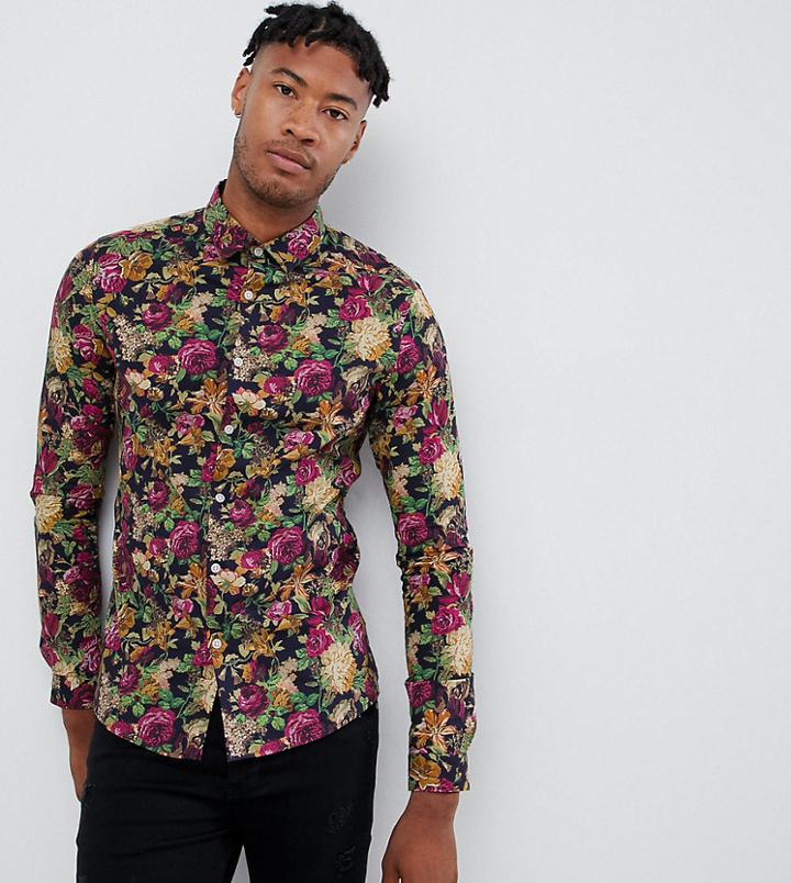 Asos Design Tall Skinny Floral Shirt In Navy - Navy