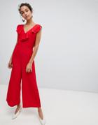 Vila Ruffle Detail Wide Leg Jumpsuit - Red