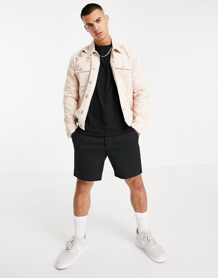 Asos Design Overdyed Denim Western Jacket In Stone With Rips-neutral