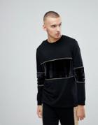 Asos Long Sleeve T-shirt With Velour Panels And Gold Piping In Black - Black