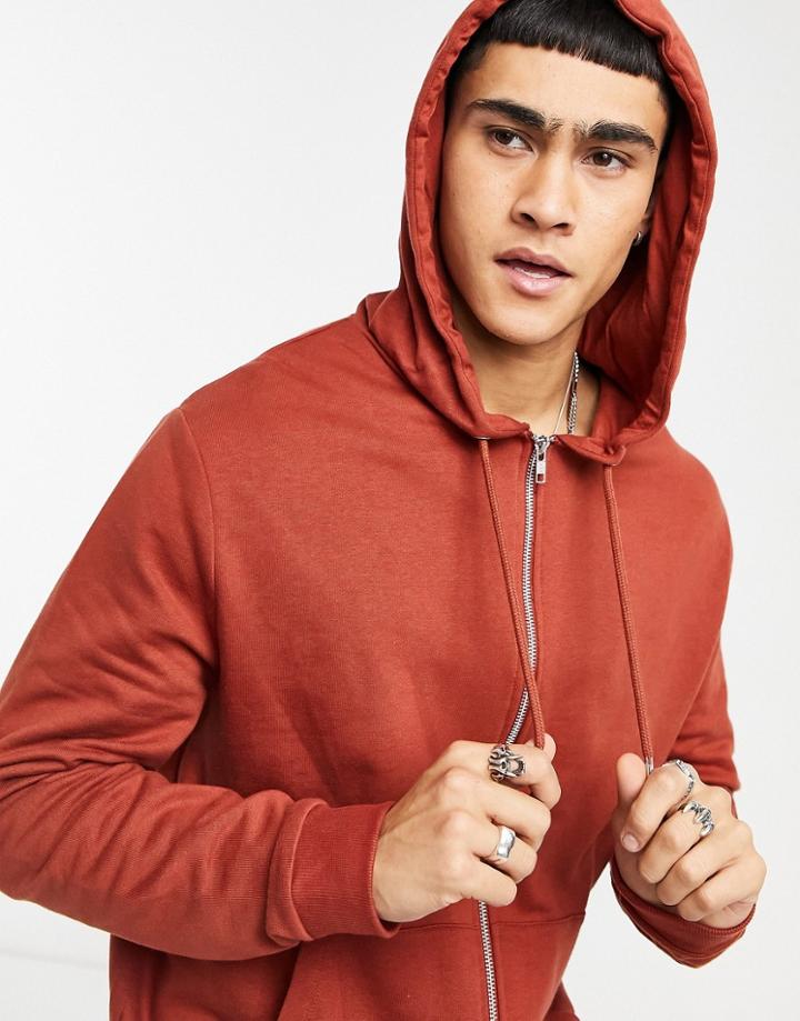 Asos Design Organic Zip Up Hoodie In Brown