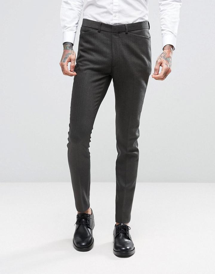 Asos Skinny Suit Pants In Herringbone Green Wool Blend - Green