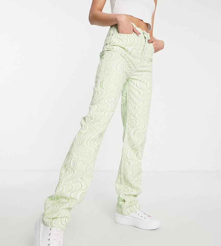 Asos Design Tall Mid Rise 90s Straight Leg Jeans In Green Swirl Print-multi