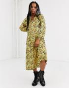 Asos Design Tie Front Midi Dress In Yellow Floral-multi