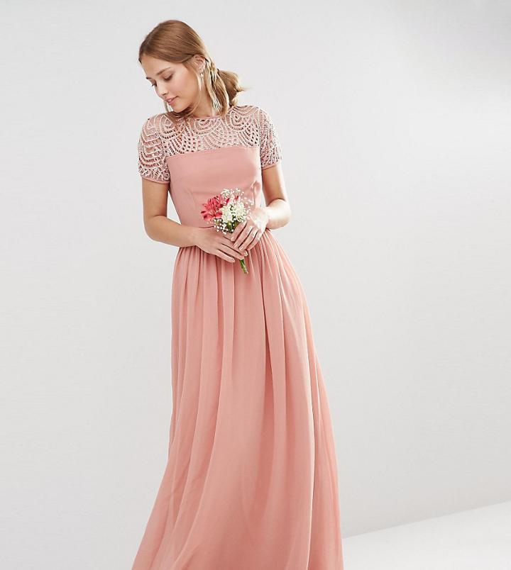 Maya Pleated Maxi Dress With Pearl Embellishment - Pink