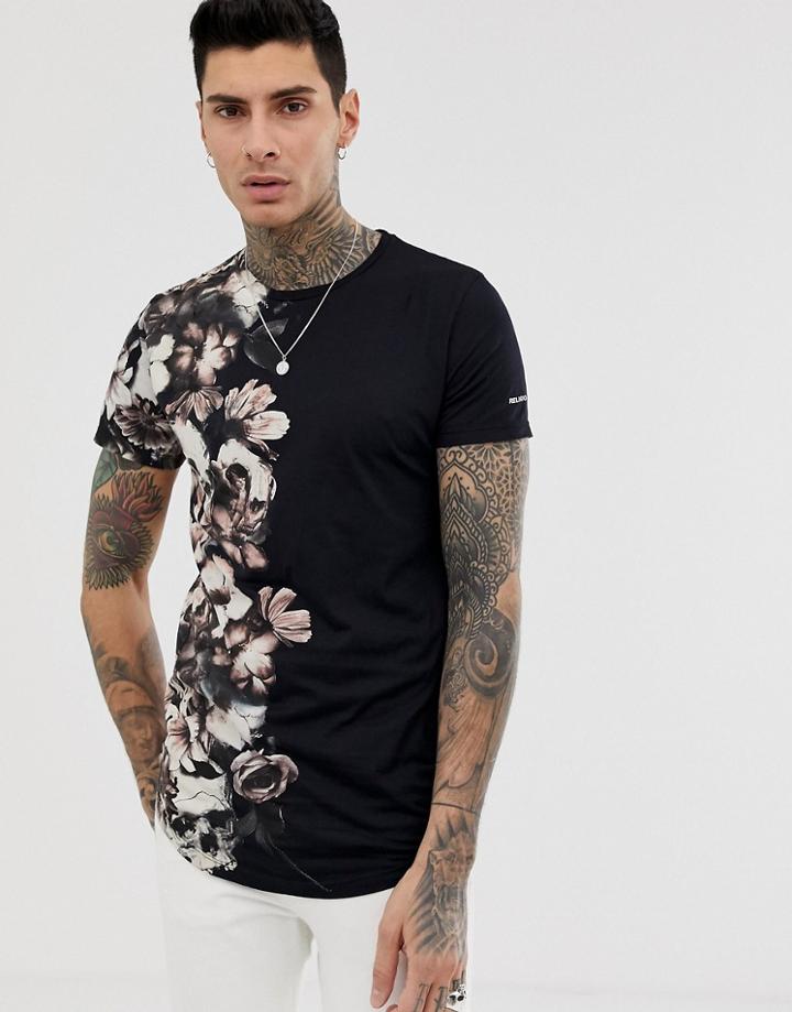 Religion T-shirt Skull Floral Side Print - Black