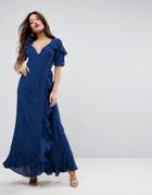 Asos Short Sleeve Ruffle Wrap Maxi Dress - Navy